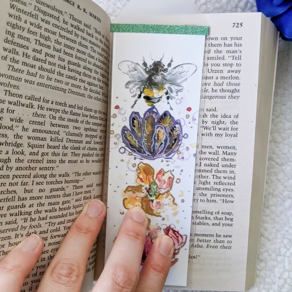 🐝 Yellow Bug Bee and Three Flowers Art Bookmark - Picture 2 of 5